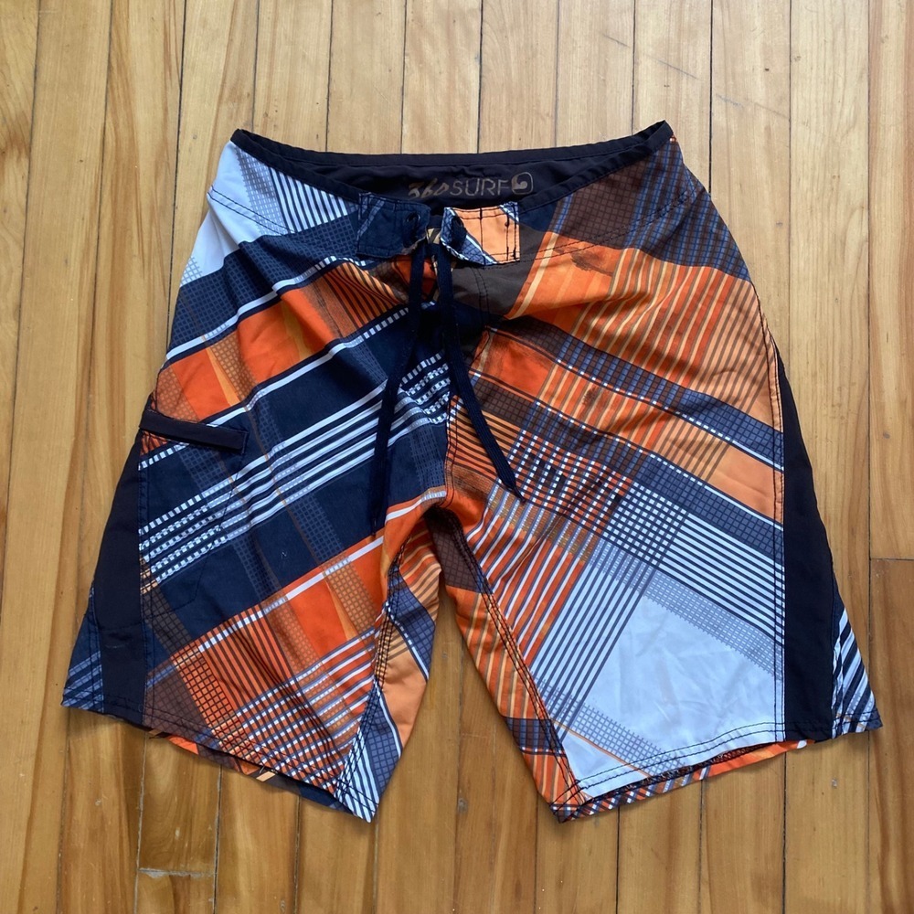 360 Surf Mens Board Shorts Orange Black White Plaid Geometric Swim Trunks